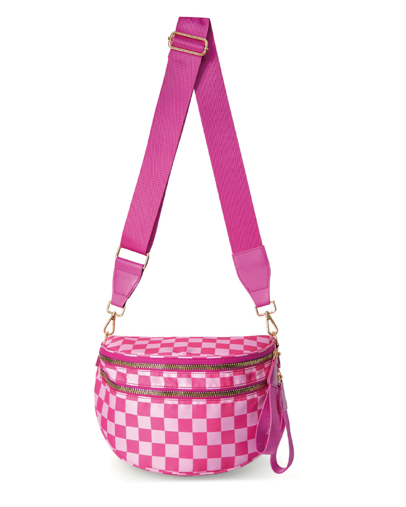 Hot pink checkerboard double-zip belt bag, front view