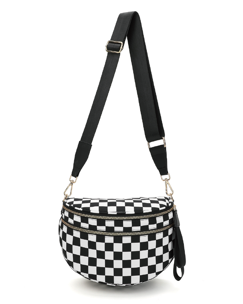 Black and white checkerboard double-zip belt bag, front view