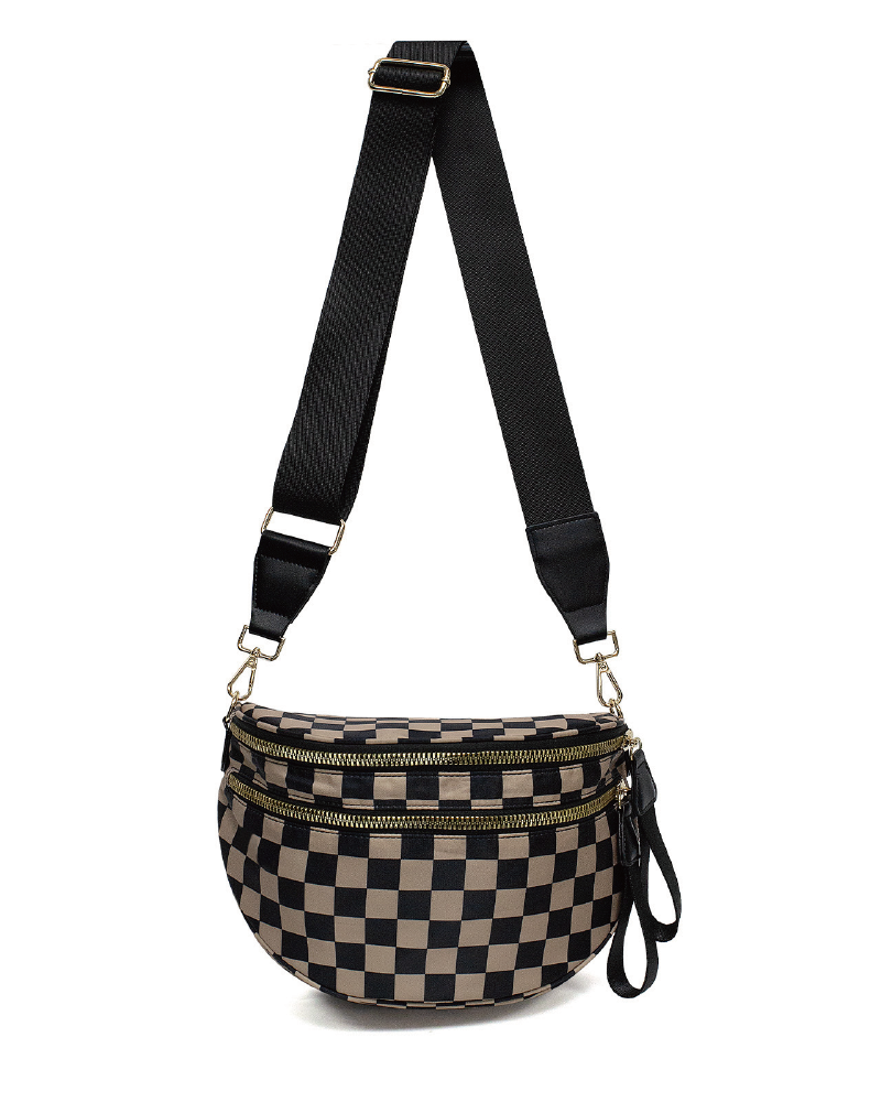 Brown checkerboard double-zip belt bag, front view