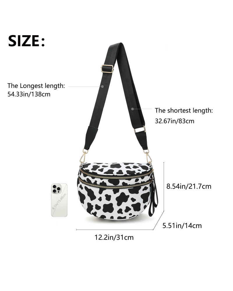 Cow-print double-zip belt bag with size measurements