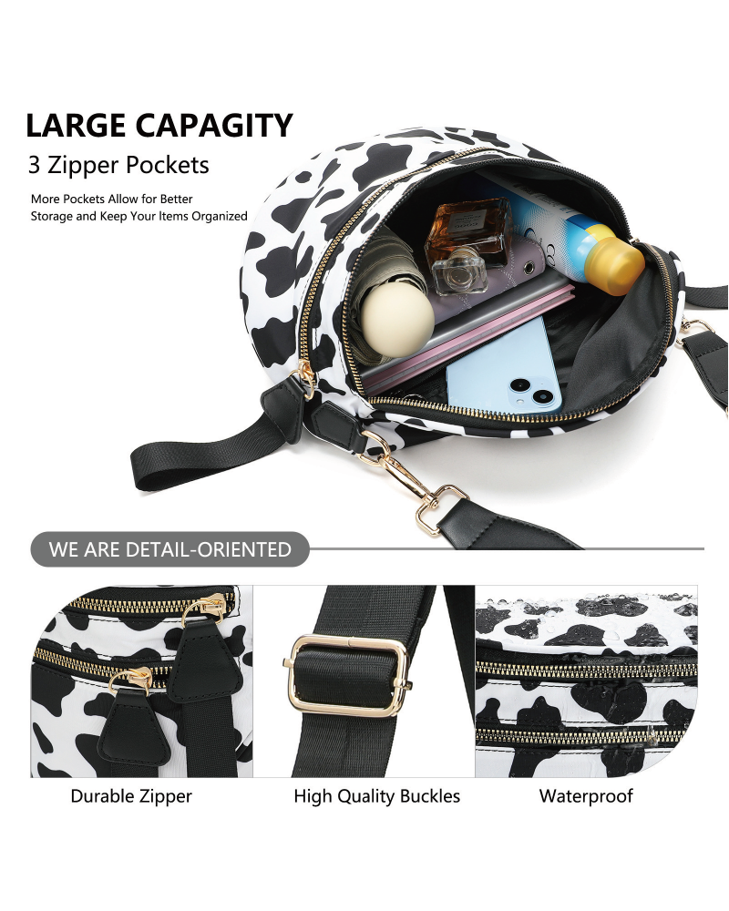 Cow-print double-zip belt bag interior and pocket details