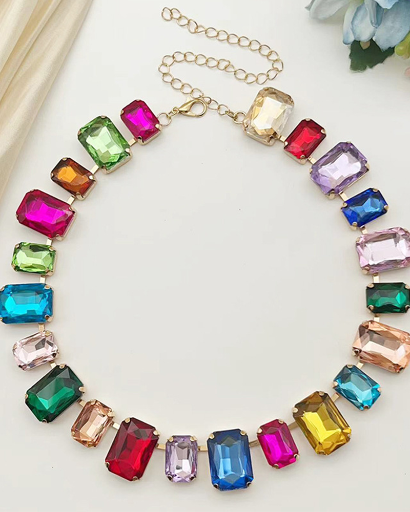 Multicolor rectangular crystal statement necklace, full view