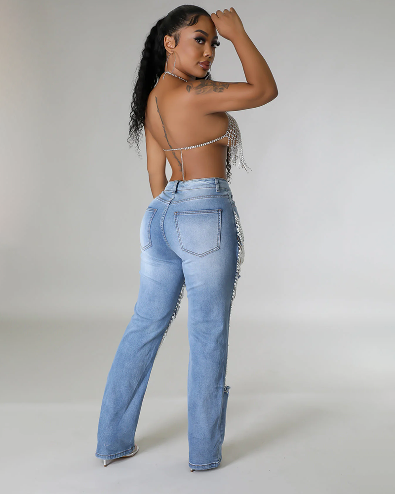 Strand Play Pearl Rhinestone Denim Jeans
