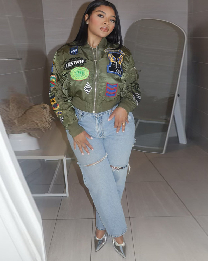 Patch Signal Cropped Varsity Bomber Jacket