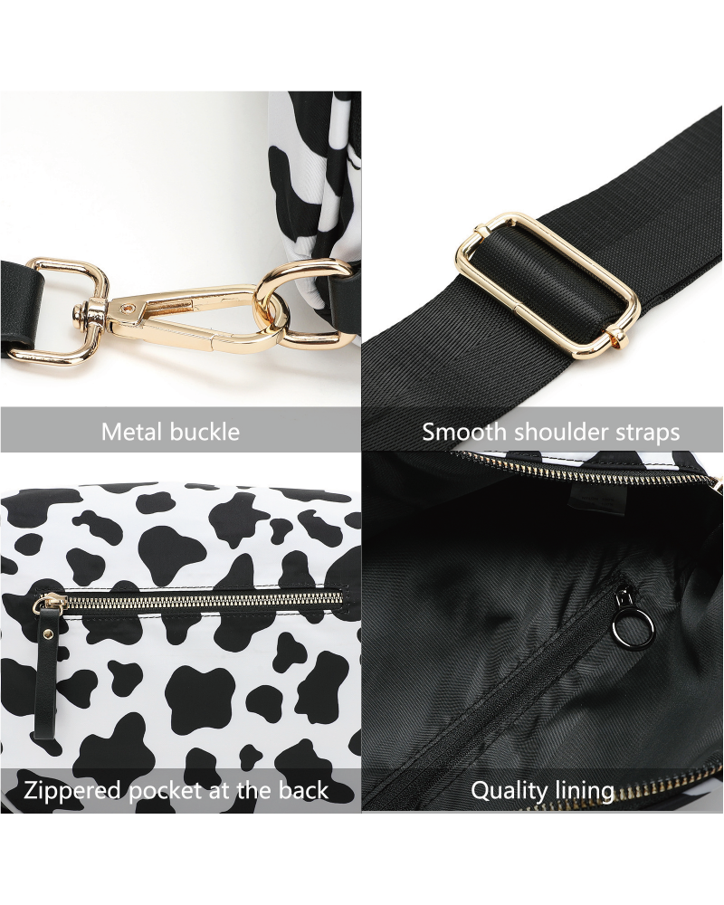 Cow-print double-zip belt bag zipper and strap hardware details