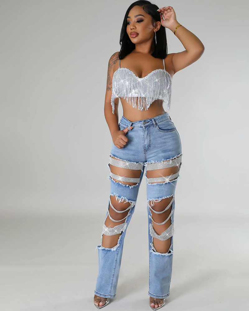 Strand Play Pearl Rhinestone Denim Jeans