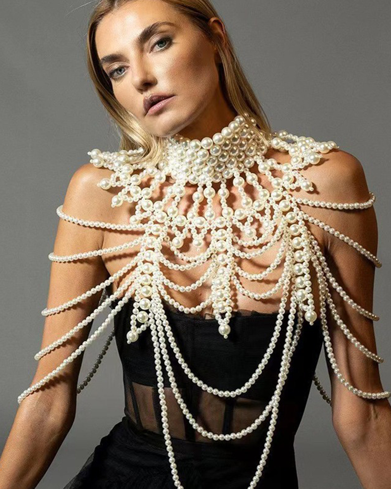 White pearl shoulder shawl with layered chains, front view