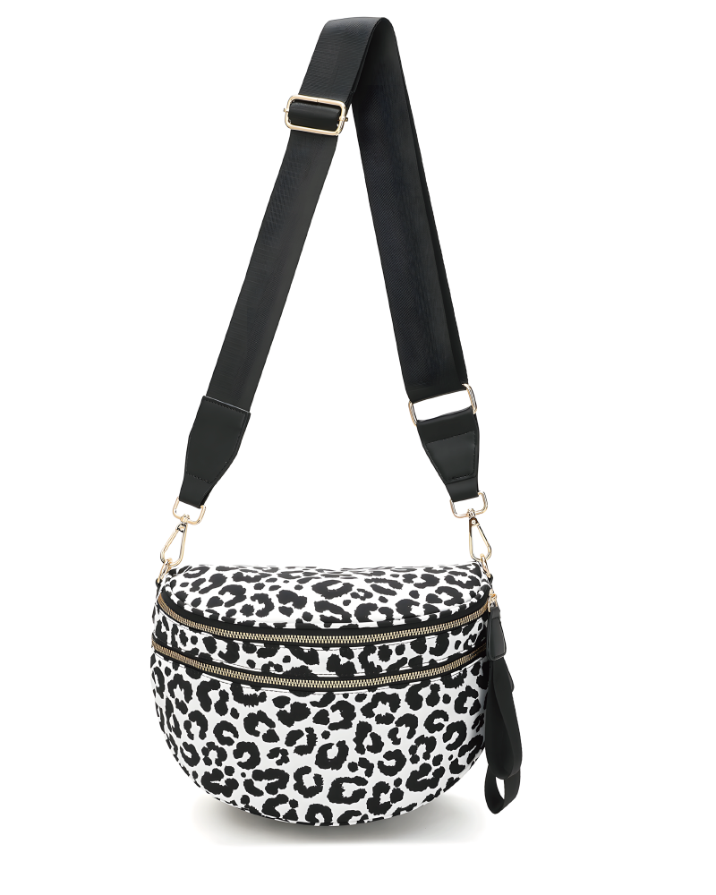 Black and white leopard-print double-zip belt bag, front view