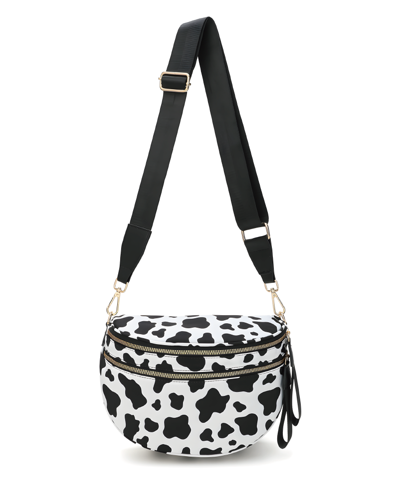 Black and white cow-print double-zip belt bag, front view