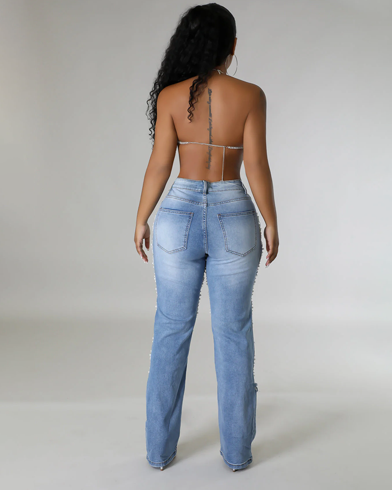 Strand Play Pearl Rhinestone Denim Jeans