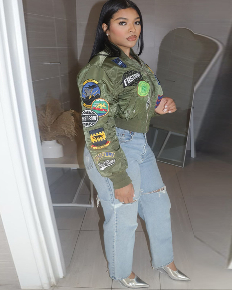 Patch Signal Cropped Varsity Bomber Jacket
