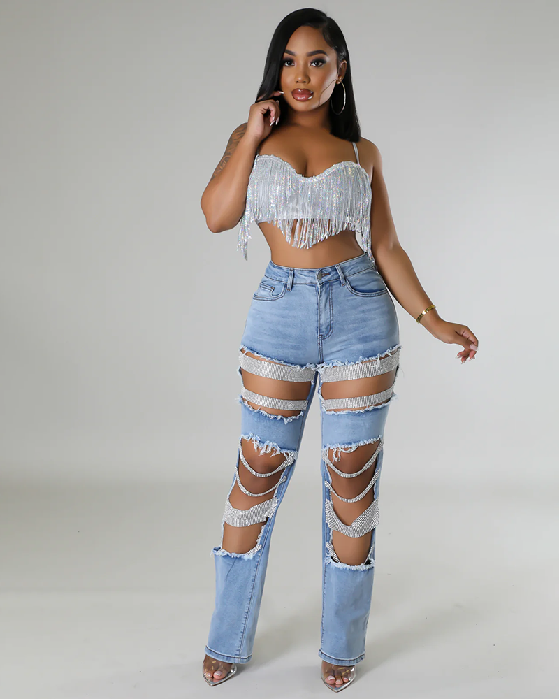 Strand Play Pearl Rhinestone Denim Jeans