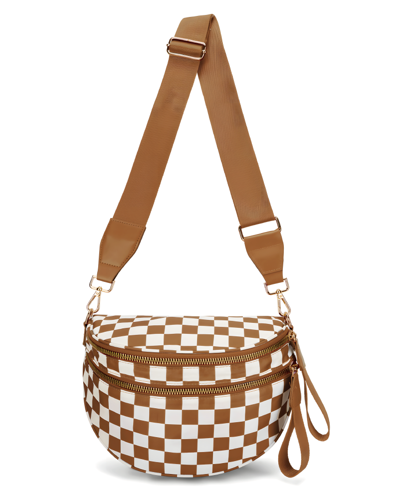 Camel checkerboard double-zip belt bag, front view
