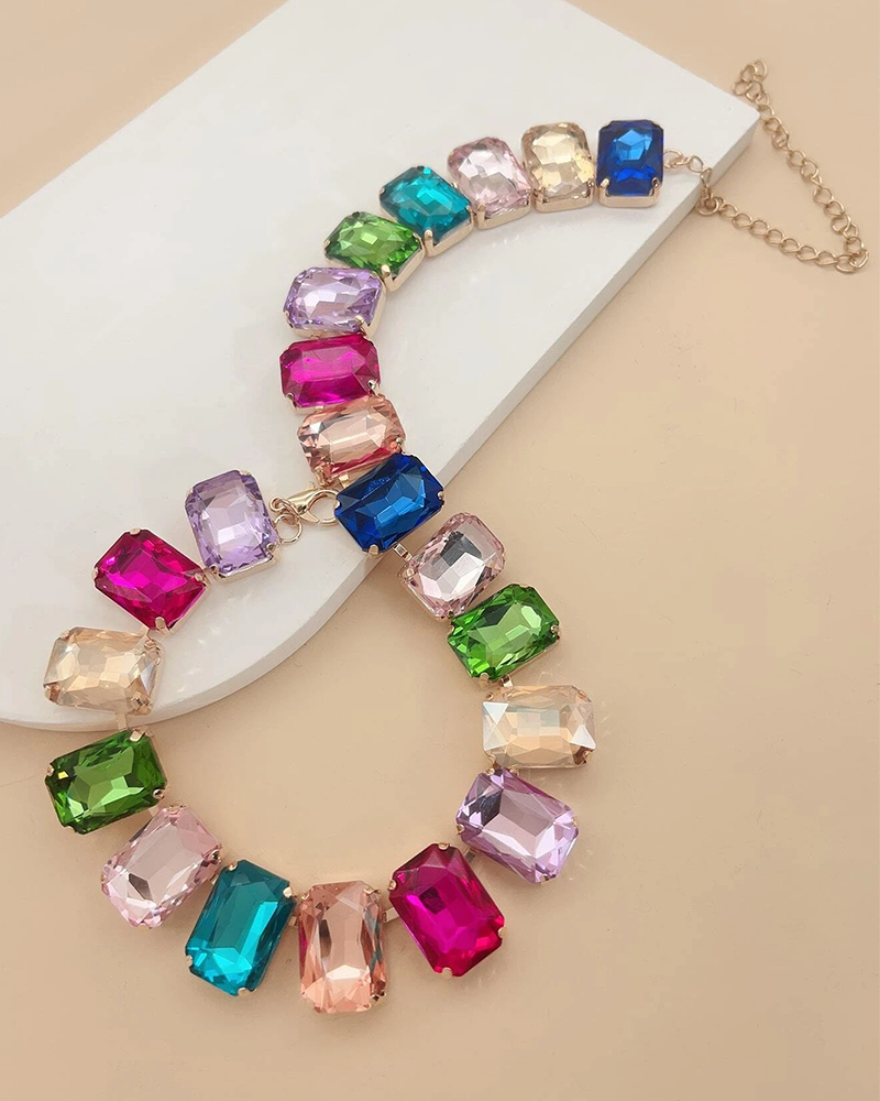 Multicolor rectangular crystal statement necklace with chain extender