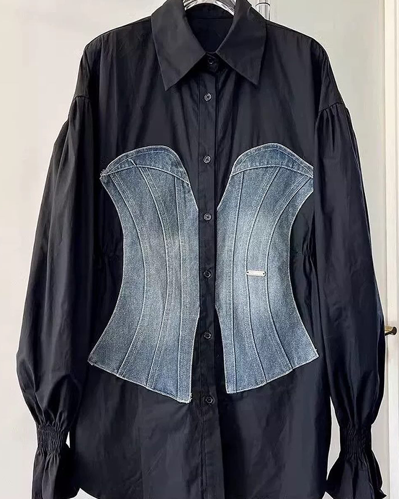 Black shirt with blue denim corset panel, product view