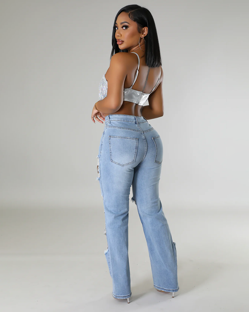Strand Play Pearl Rhinestone Denim Jeans