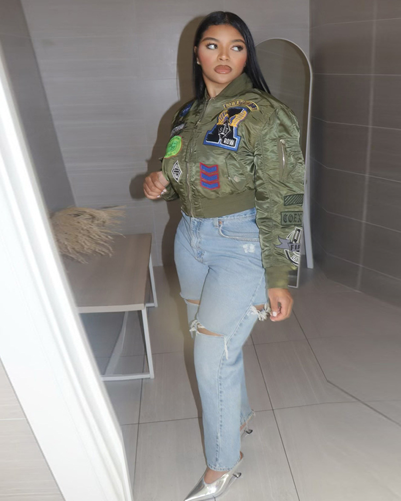 Patch Signal Cropped Varsity Bomber Jacket