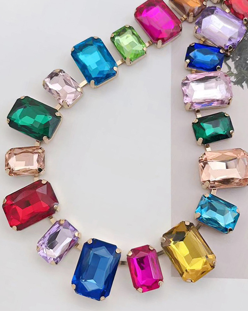 Multicolor rectangular crystal statement necklace, close-up