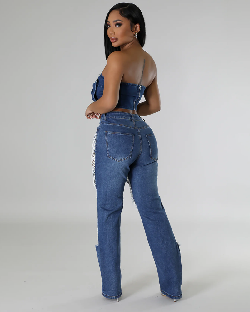 Strand Play Pearl Rhinestone Denim Jeans