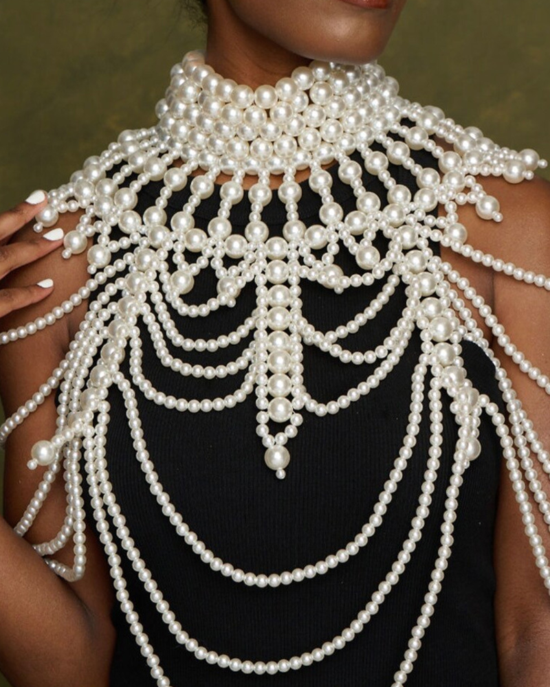 White pearl shoulder shawl with draped strands, front close-up