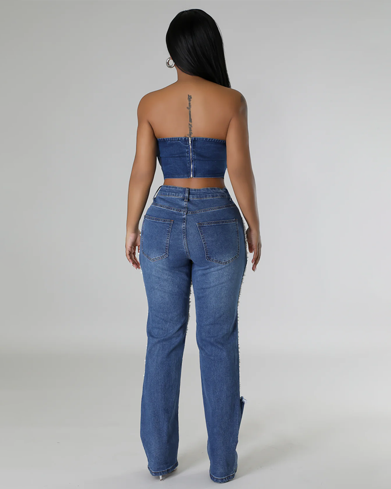 Strand Play Pearl Rhinestone Denim Jeans