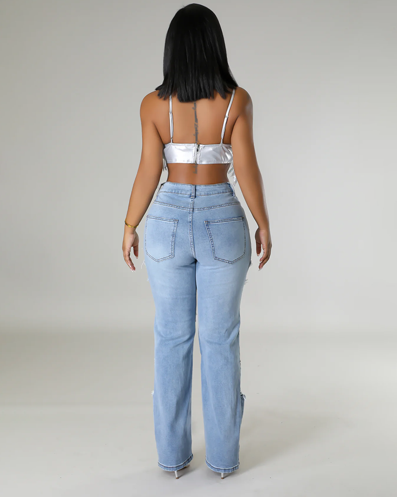 Strand Play Pearl Rhinestone Denim Jeans