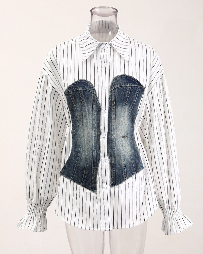 Striped shirt with blue denim corset panel, product view