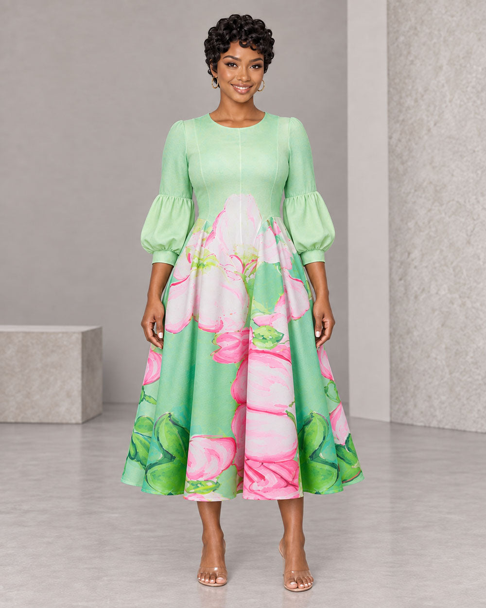 Green and pink floral pleated midi dress, front view