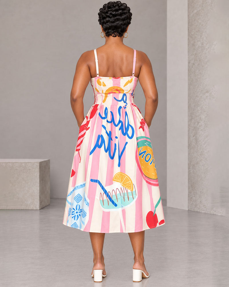 Multicolor graphic adjustable-strap midi dress, back view