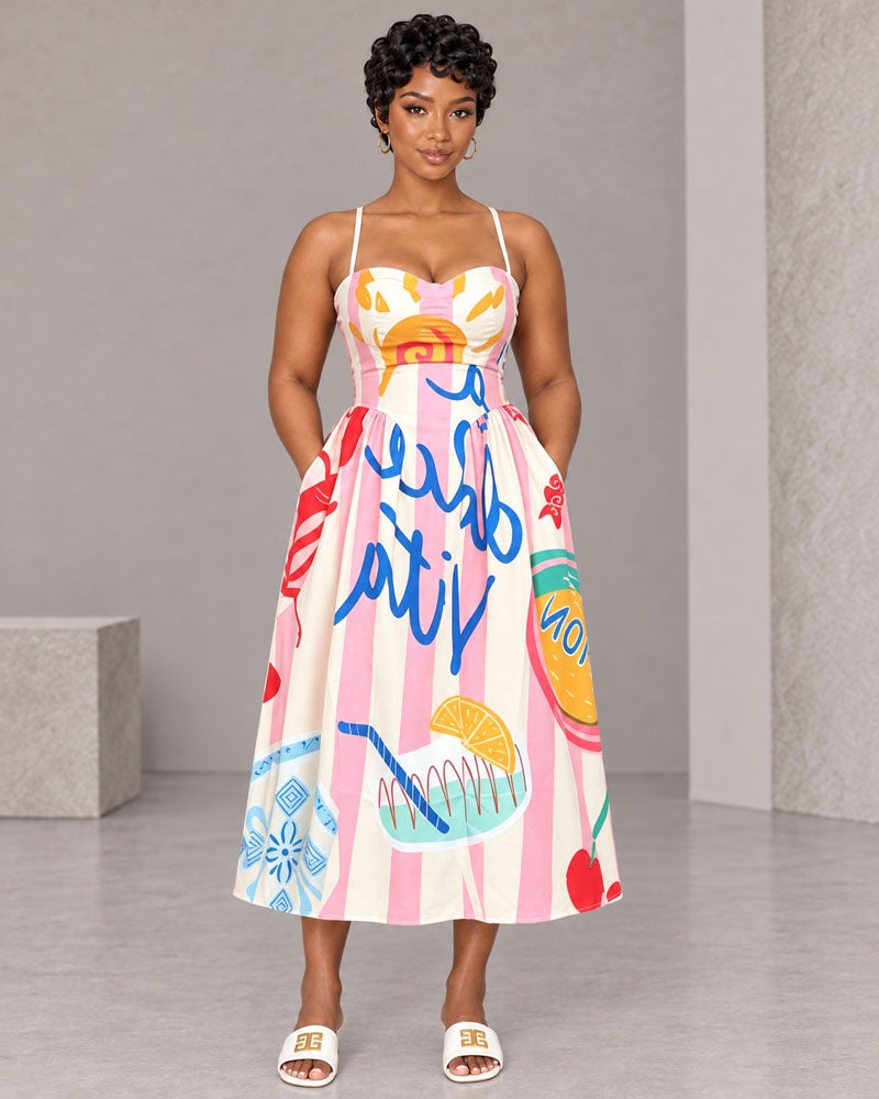 Multicolor graphic adjustable-strap midi dress, front view