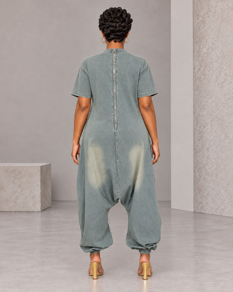 Light-wash oversized V-neck denim jumpsuit, back view