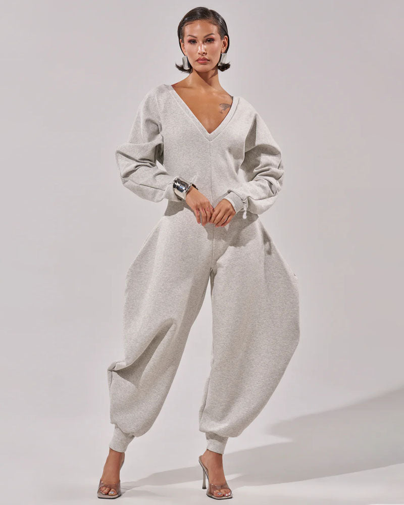 Volume Shift Plunging Cotton Jumpsuit