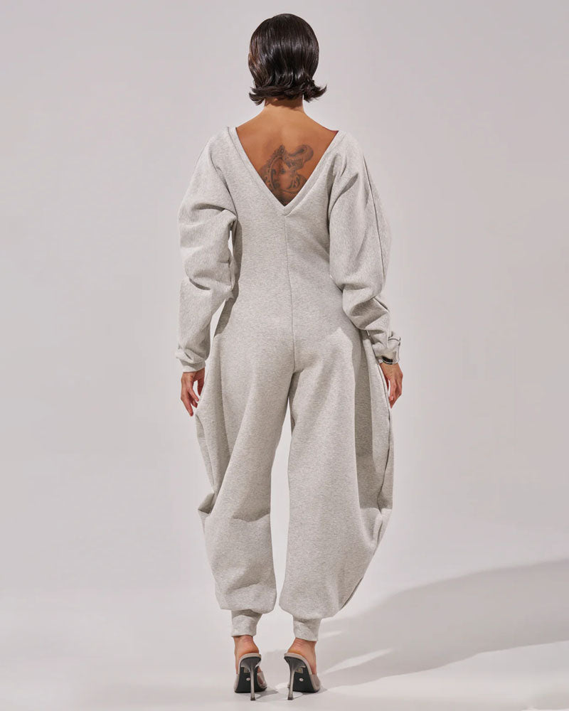 Volume Shift Plunging Cotton Jumpsuit
