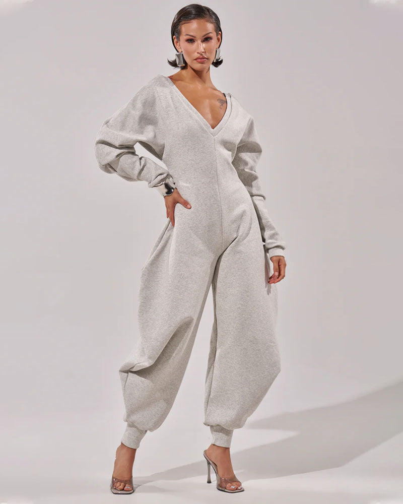 Volume Shift Plunging Cotton Jumpsuit