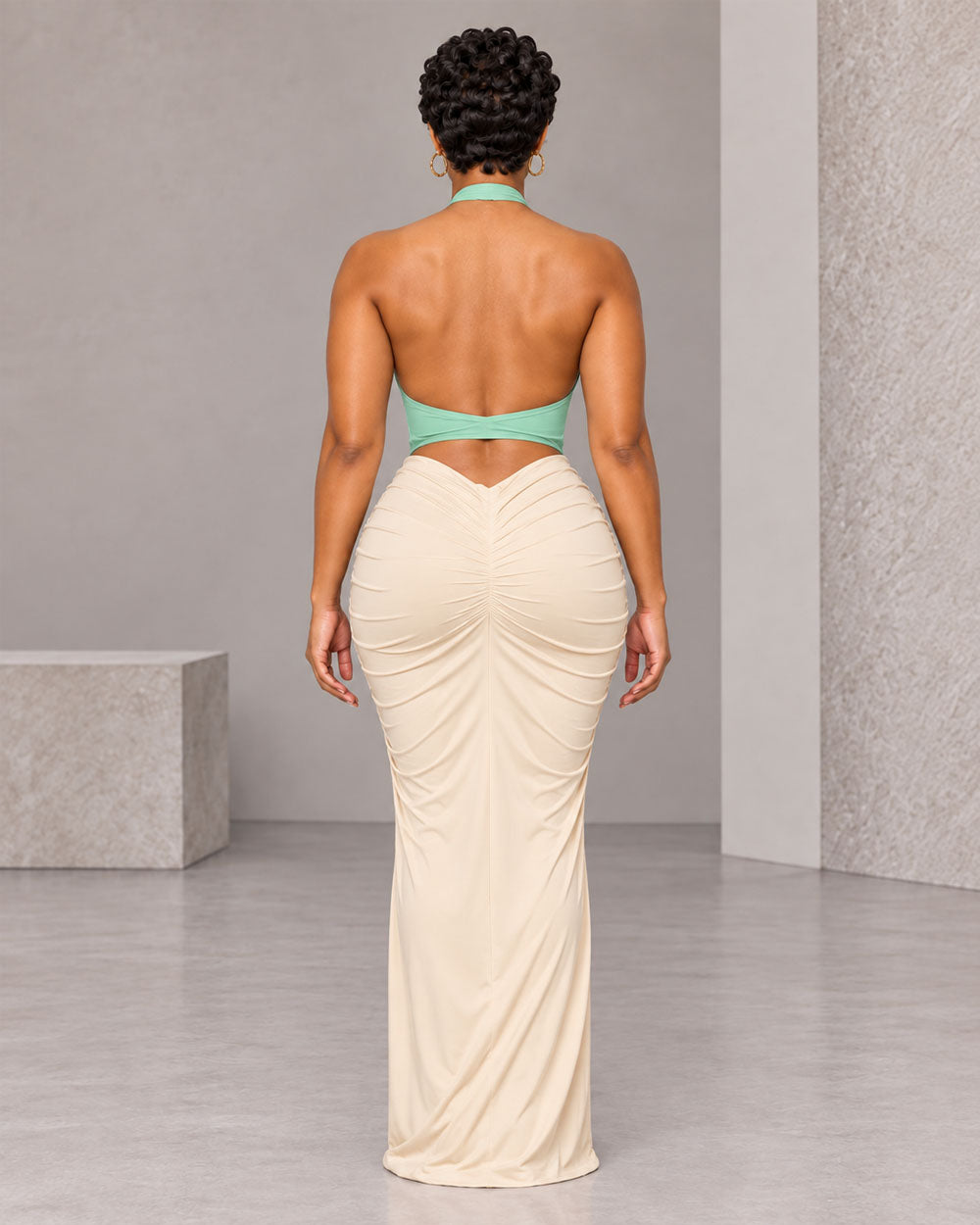 Sage and cream backless halter maxi dress, back view