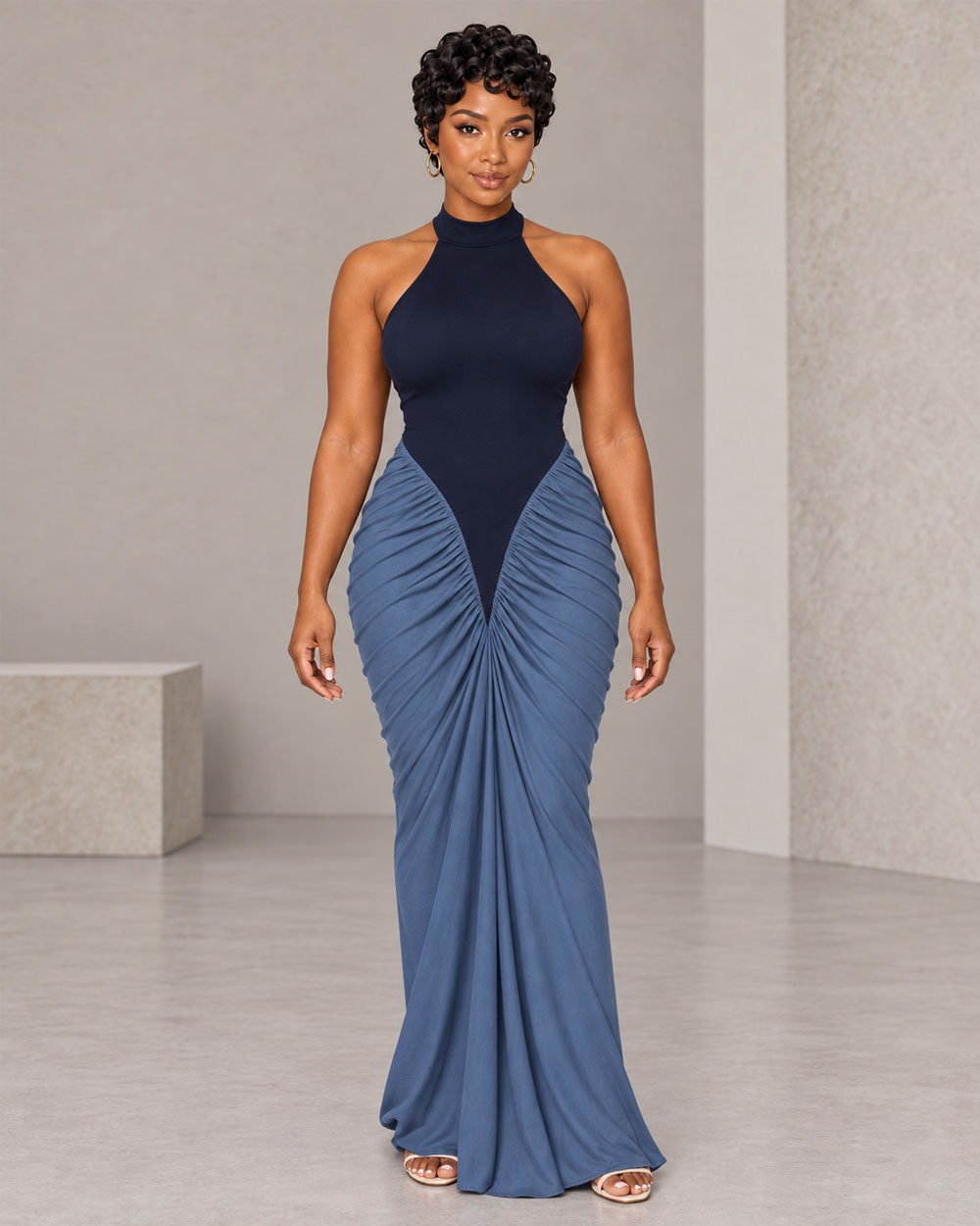 Navy and blue ruched halter maxi dress, front view