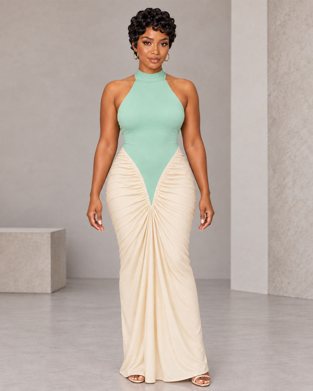 Sage and cream ruched halter maxi dress, front view