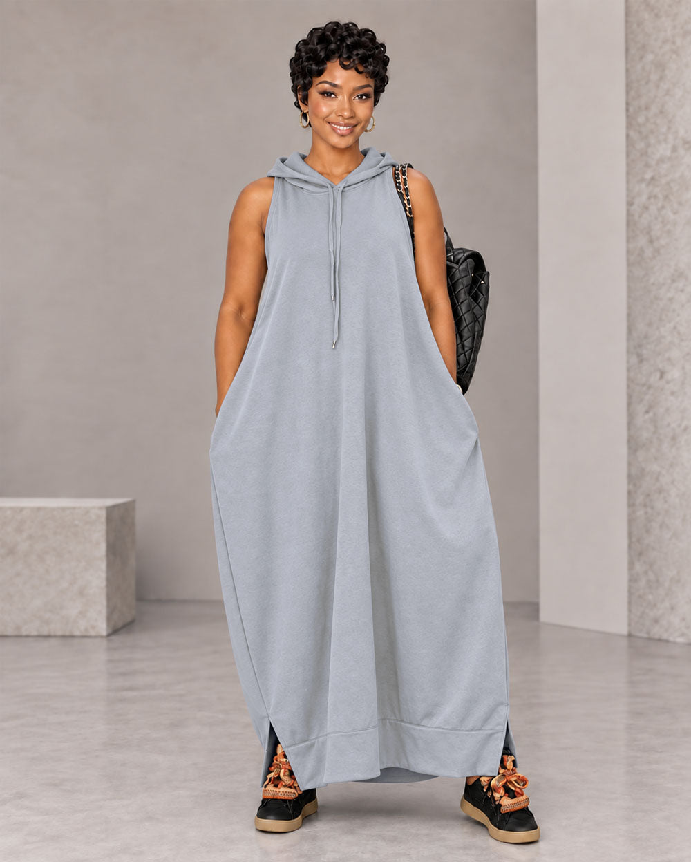 Light gray oversized sleeveless hoodie maxi dress, front view