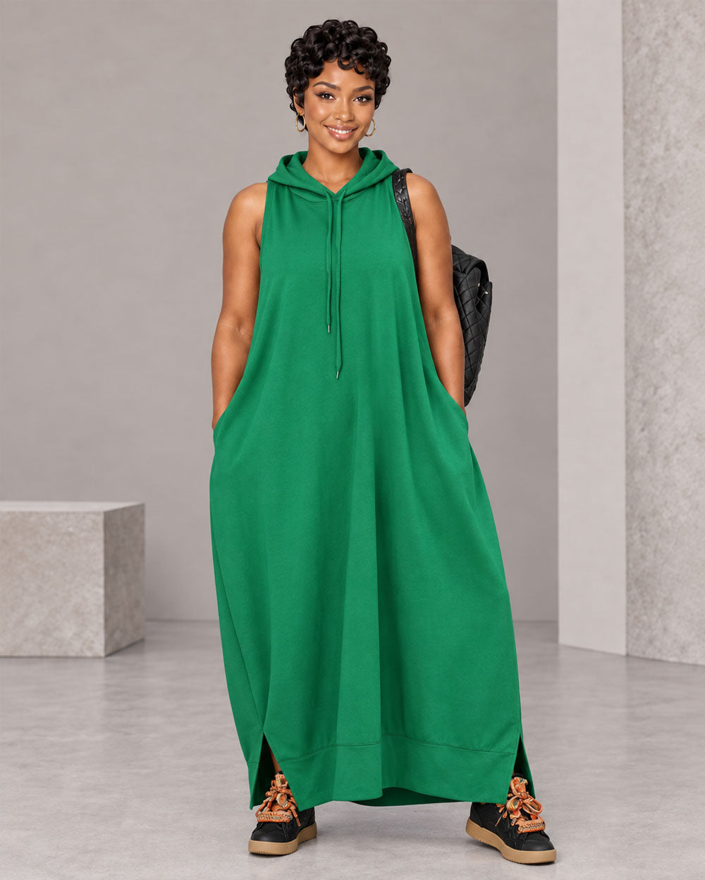 Green oversized sleeveless hoodie maxi dress, front view