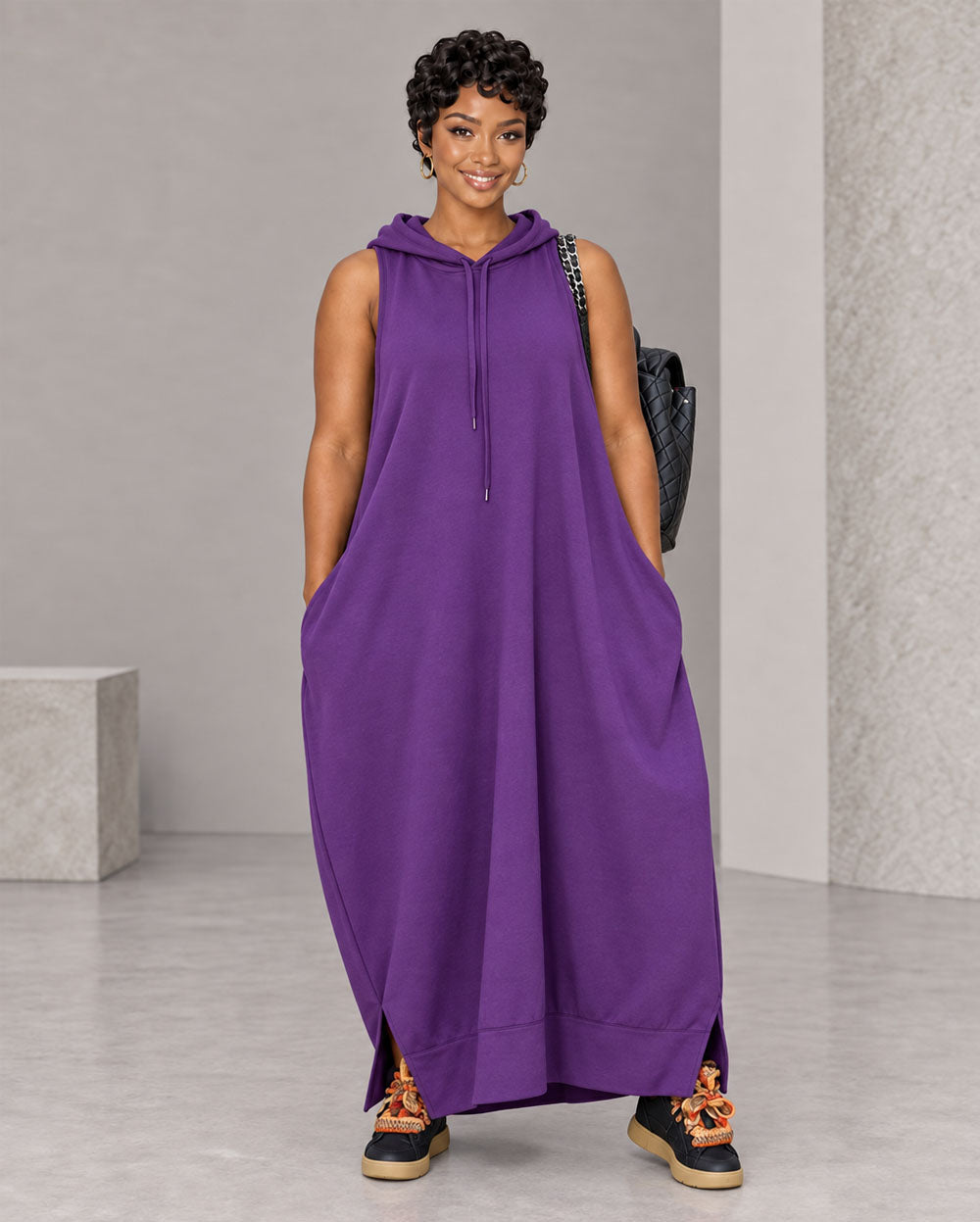 Purple oversized sleeveless hoodie maxi dress, front view