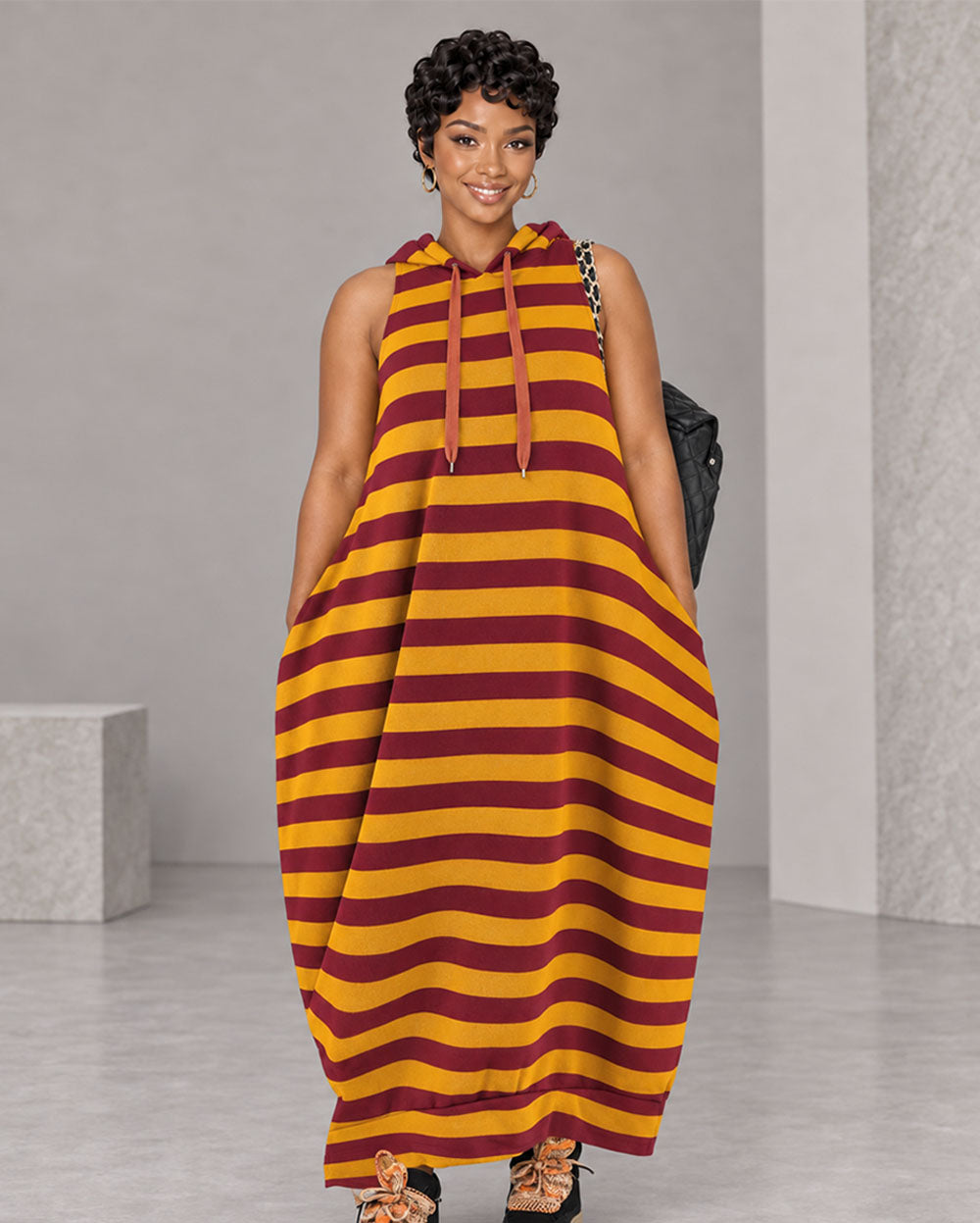 Orange striped oversized hoodie maxi dress, front view