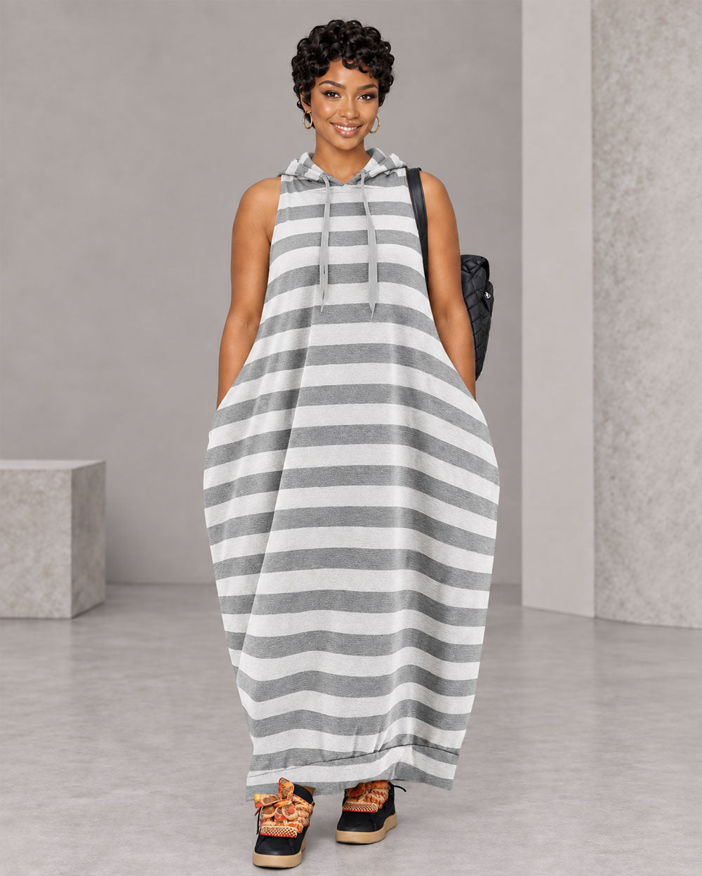 Gray striped oversized hoodie maxi dress, front view