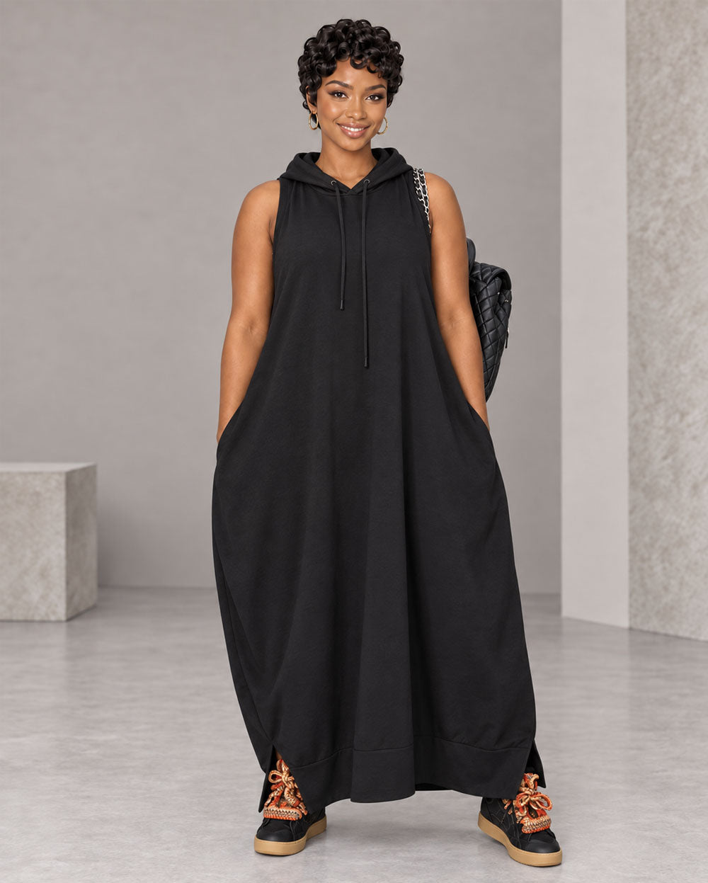 Black oversized sleeveless hoodie maxi dress, front view