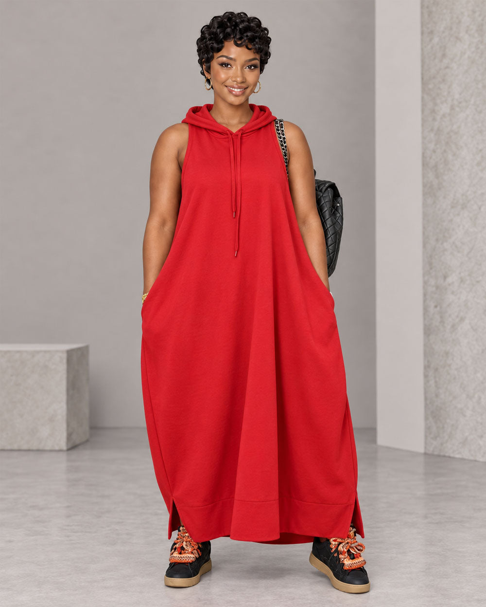 Red oversized sleeveless hoodie maxi dress, front view