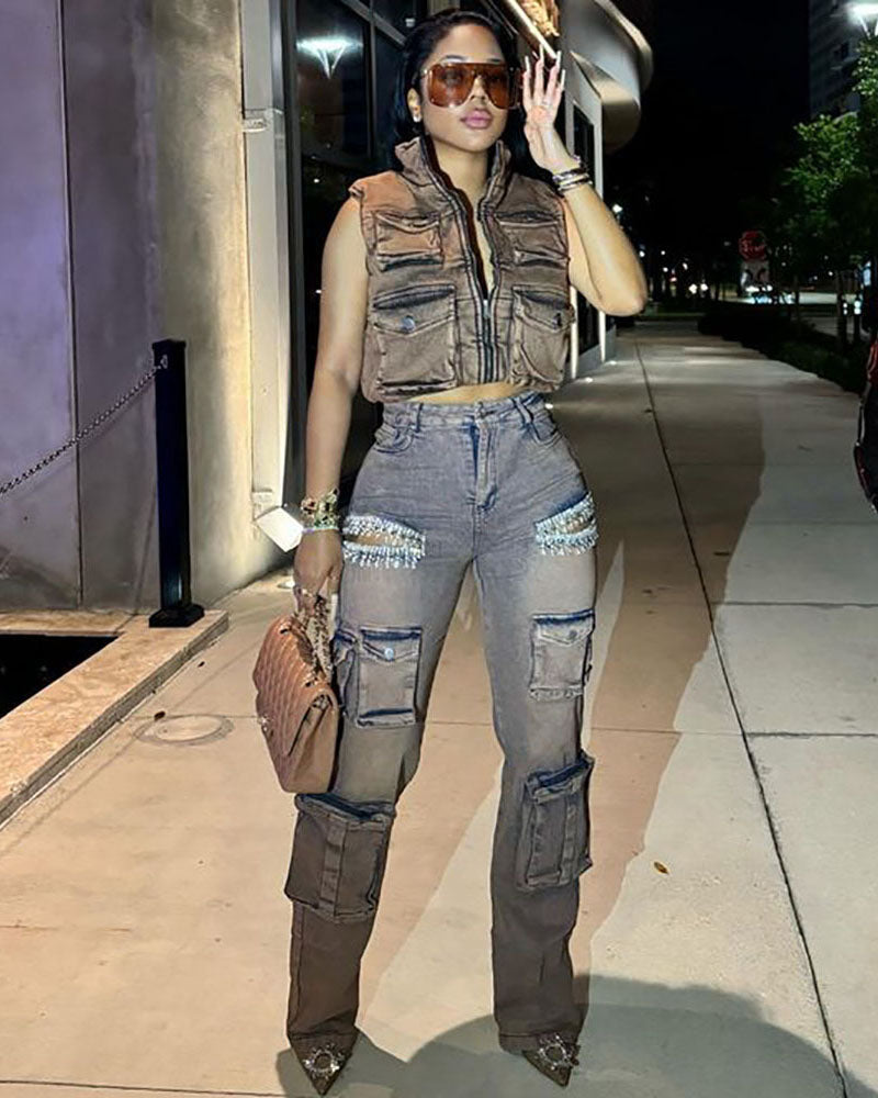 Rhinestone Cutout Denim Cargo Jeans