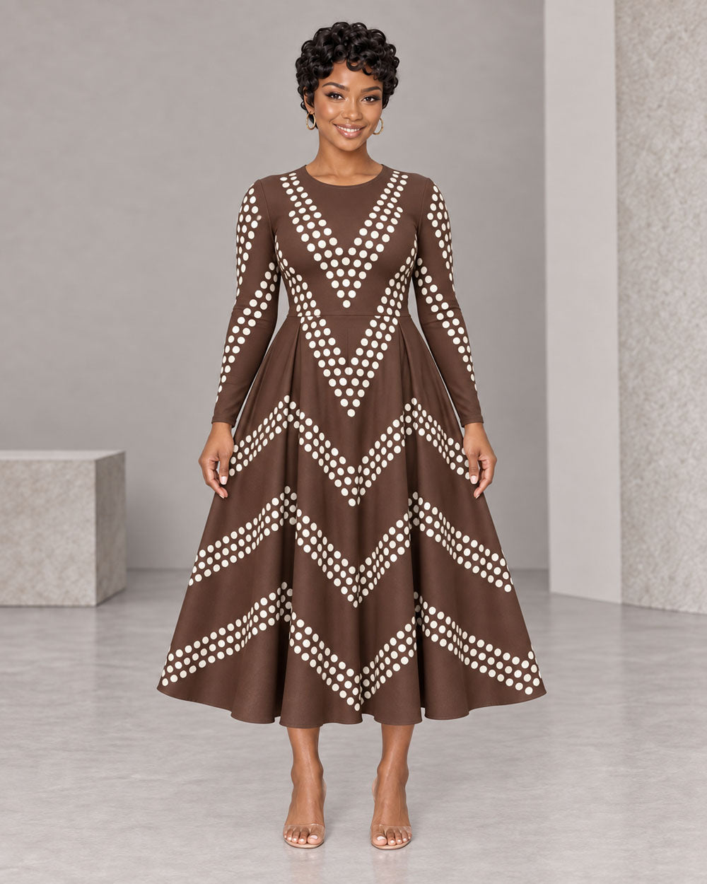 Coffee zigzag pleated maxi dress, front view