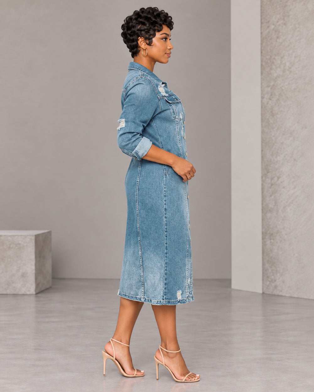Longline Distressed Denim Duster Jacket