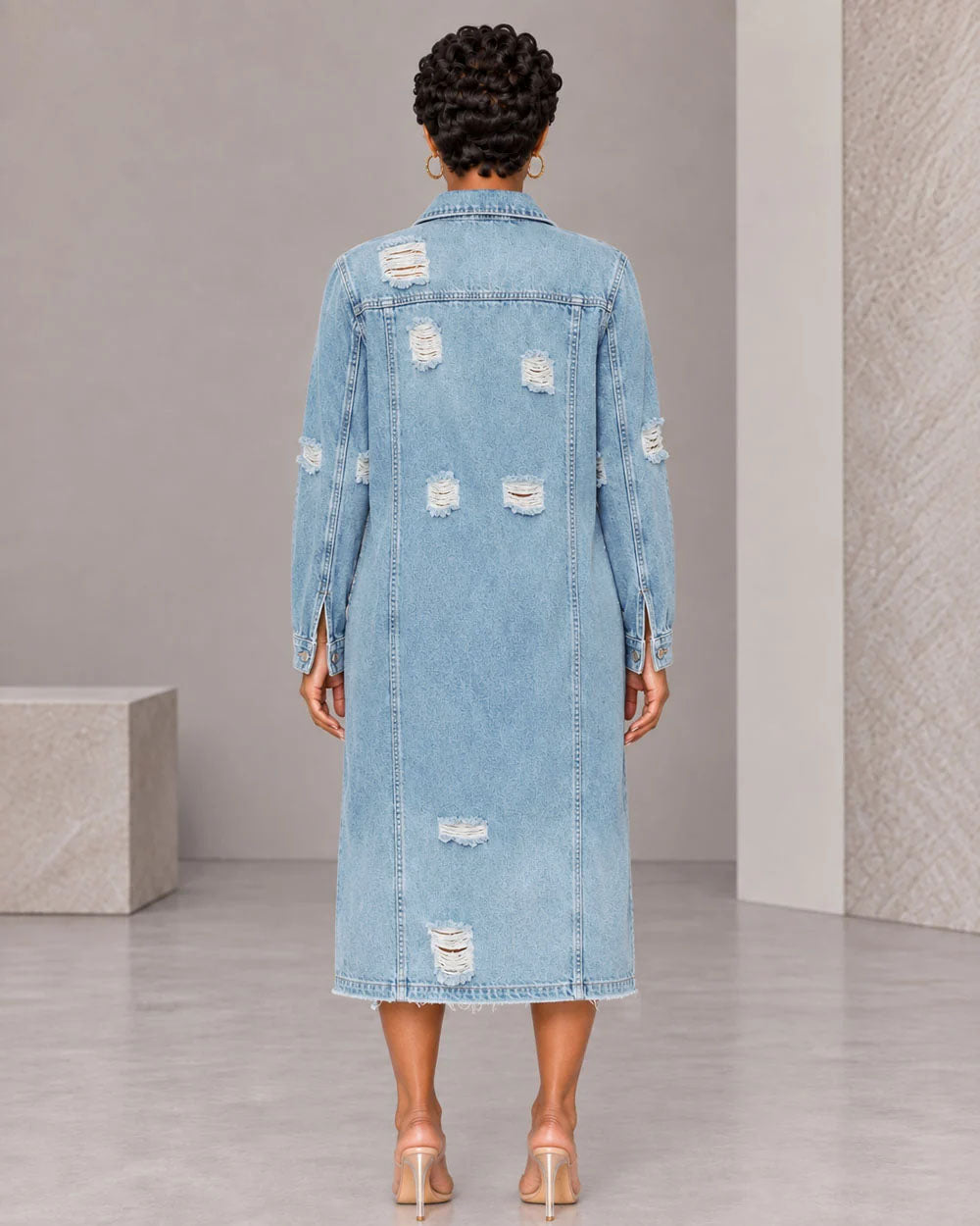 Longline Distressed Denim Duster Jacket
