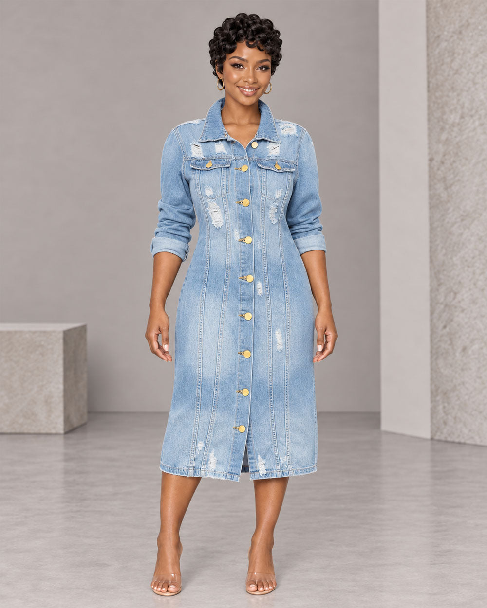 Longline Distressed Denim Duster Jacket