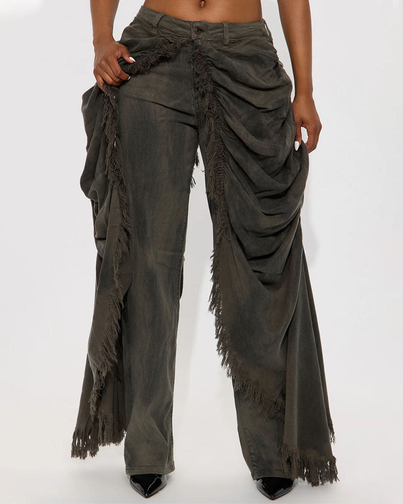 Fringe Layer Distressed Denim Jeans
